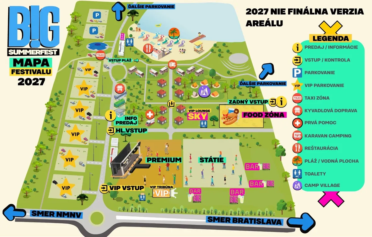 Mapa festivalu BIG SUMMER FEST 2027 – parkoviská, VIP parkovanie, hlavný a VIP vstup, pódium, PREMIUM a státie, VIP tribúna, VIP lounge SKY, food zóna, karavan camping, camp village, pláž a kyvadlová doprava